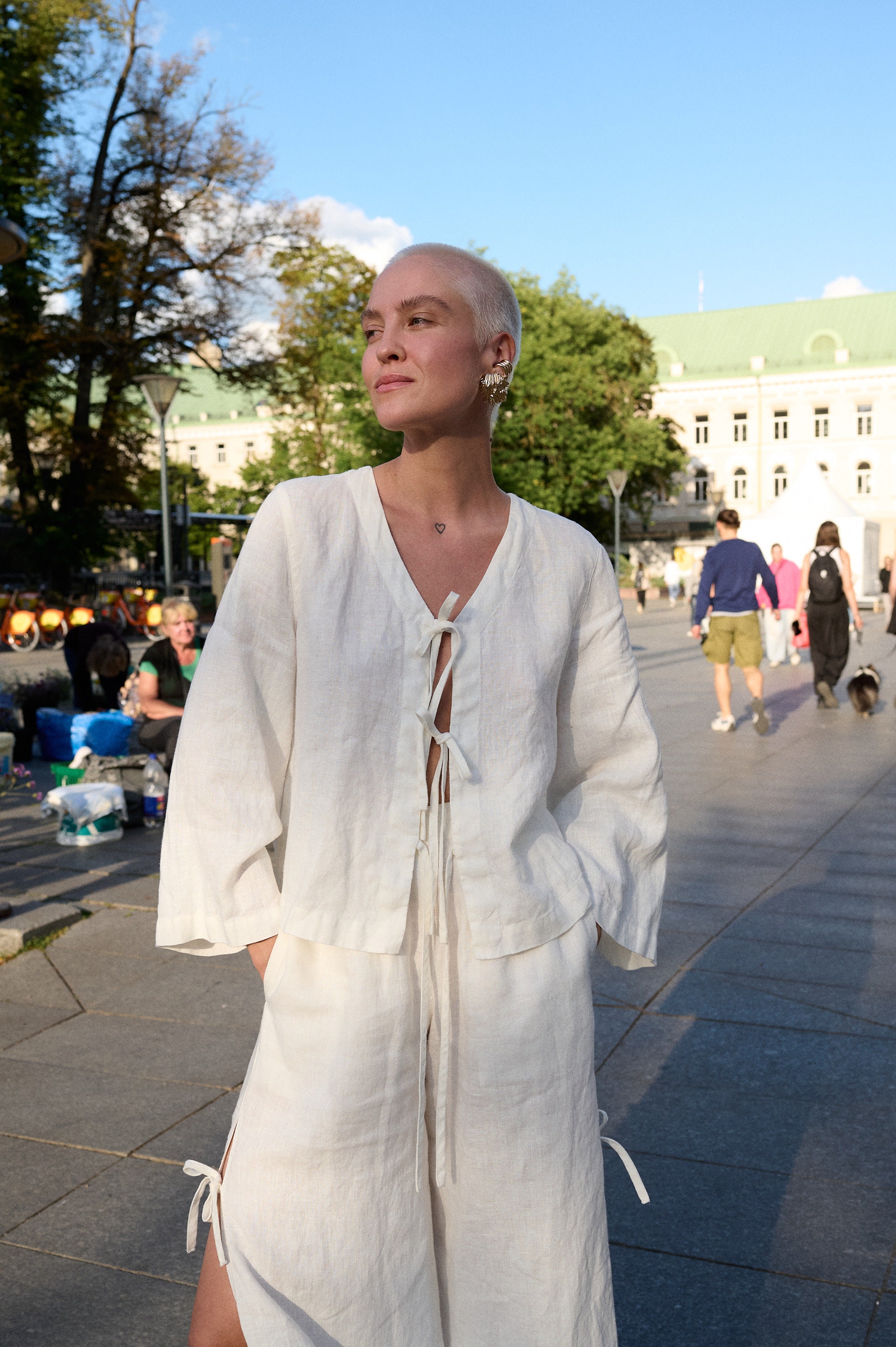 Marina milky white linen top - Tie up front top - Linen blouse - Loose linen blouse - Long sleeved top - Linen top - Tie up top