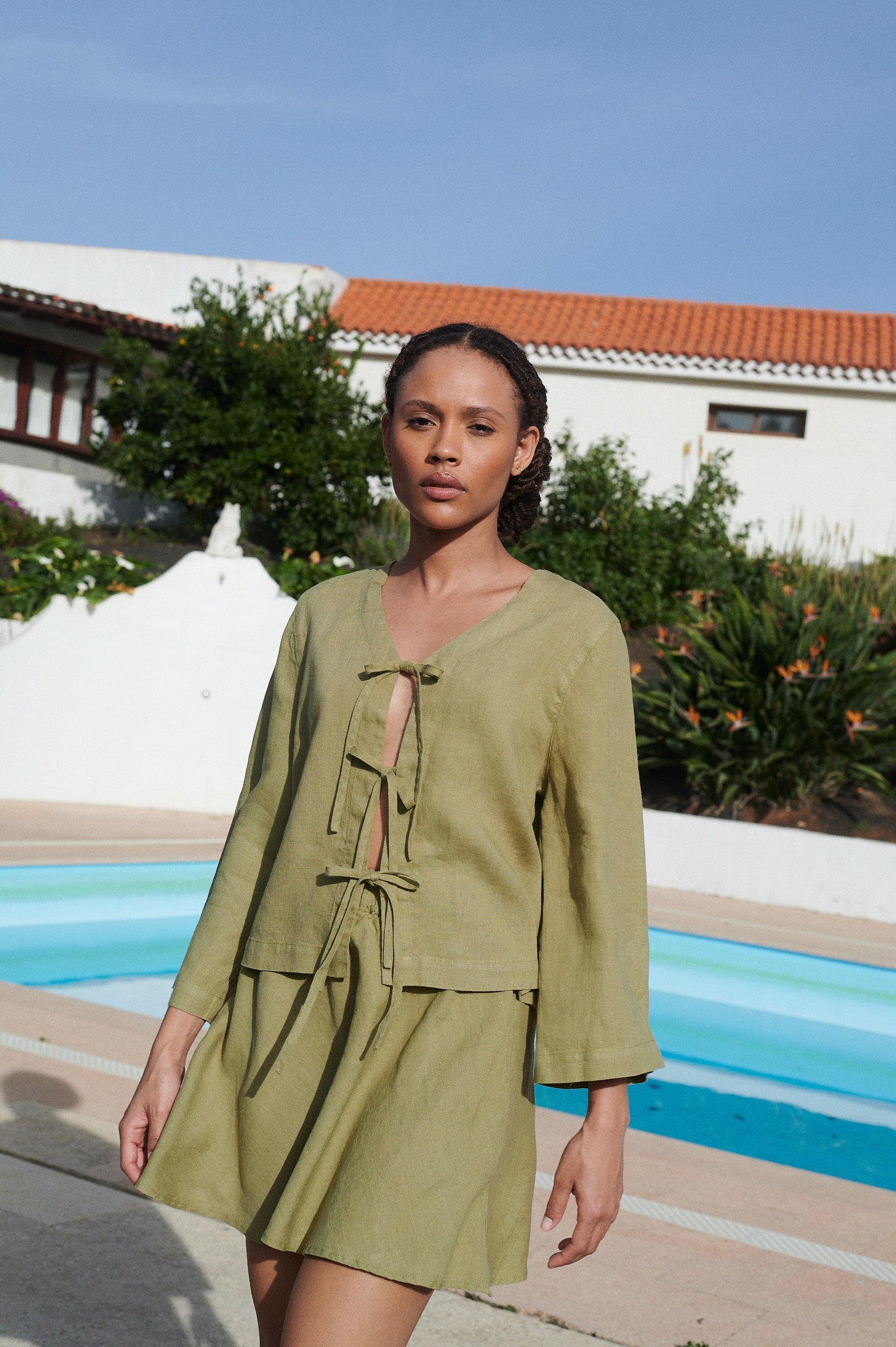 Marina Olive Linen Top Tie up Front Top Linen Blouse Loose Linen Blouse ...