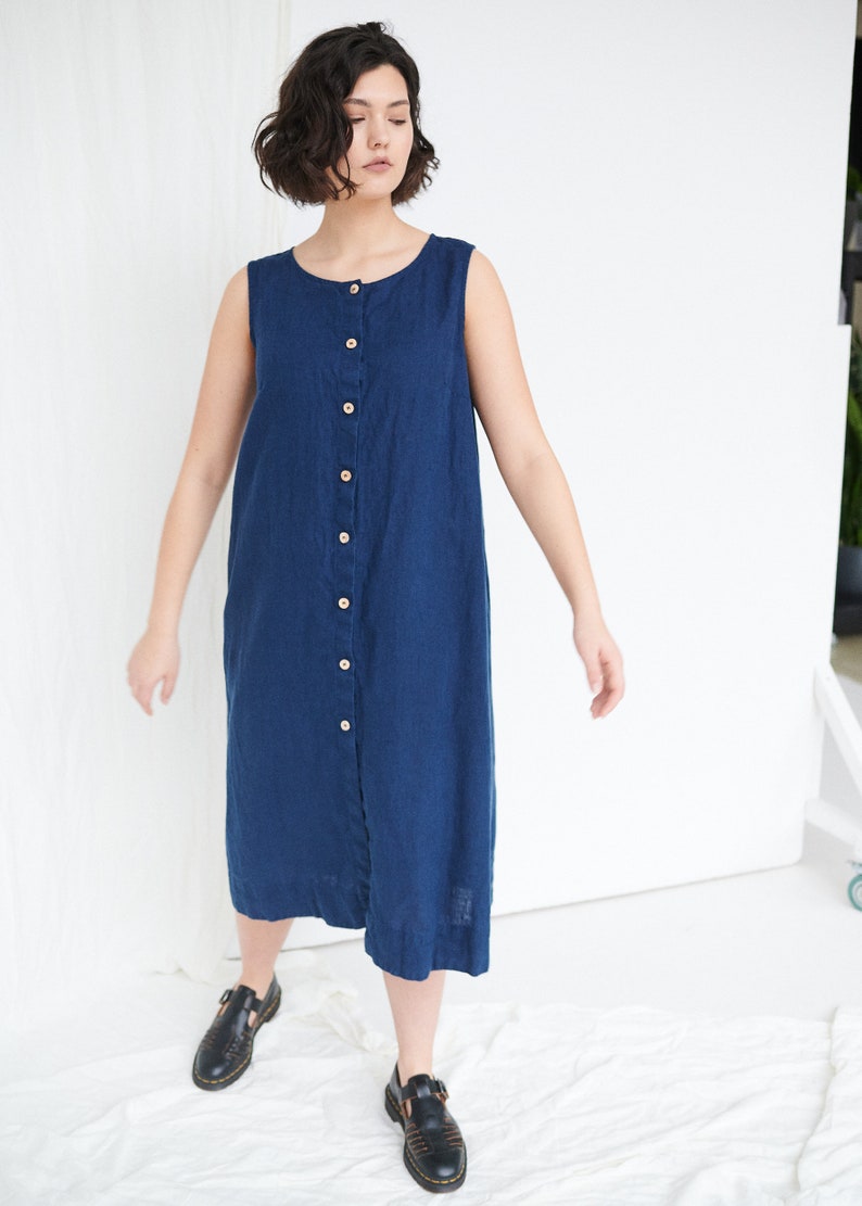 Robin Navy Blue Dress Button Down Dress Long Linen Dress - Etsy