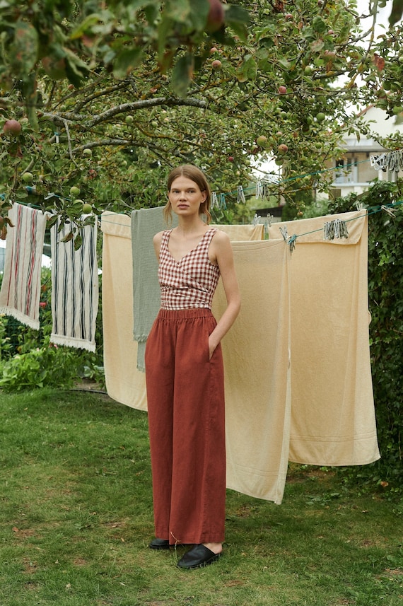 Brenna Terracotta Linen Trousers - Long Linen Pants - Wide
