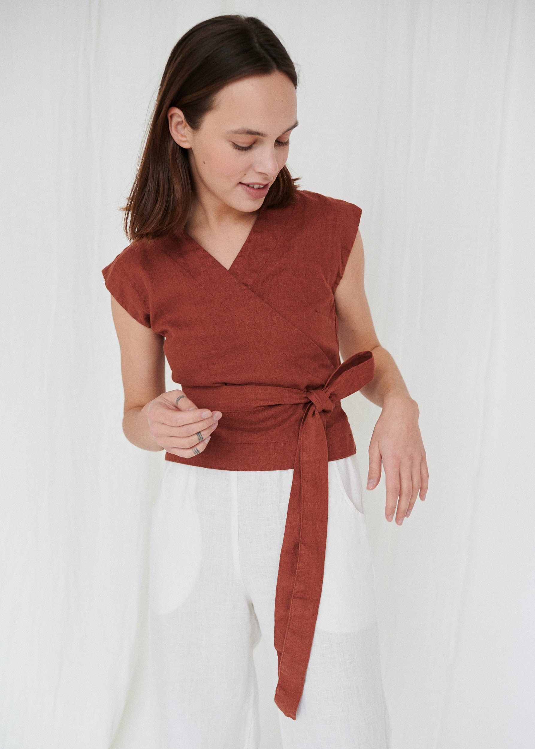 Amelia terracotta top - Wrap top - Wrap linen top - Linen top - Sleeveless wrap top - Linen shirt