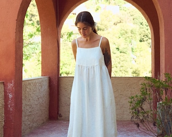 White Linen Midi Pinafore Dress - Baru - Spaghetti Strap Summer Dress - Linen Dress - Women's Midi Dress - Soft Linen Dress - Midi Dress