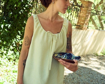 Toma Linen Mini Dress - Apple Checks Drawstring Neck Dress - Oversized Linen Dress - Nursing Friendly Mini Dress - Flared Hem Summer Dress