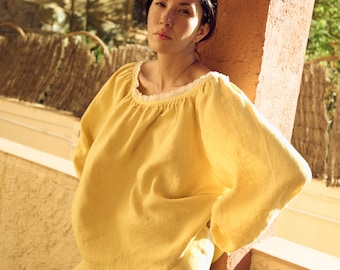 Oversized Butter Linen Blouse with Lace Details - Matilda - Relaxed Fit Tunic Top - Long Sleeved Butter Yellow Top - Lace Summer Top