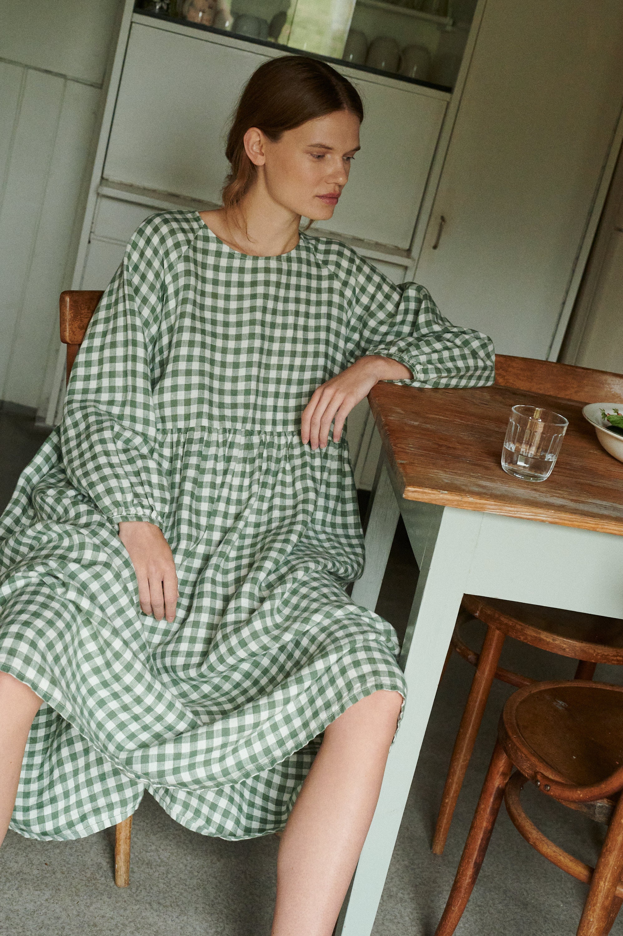 green gingham maternity dress Hope Modal Square Neck Long Sleeve Mini Dress in Sage Green main image 1