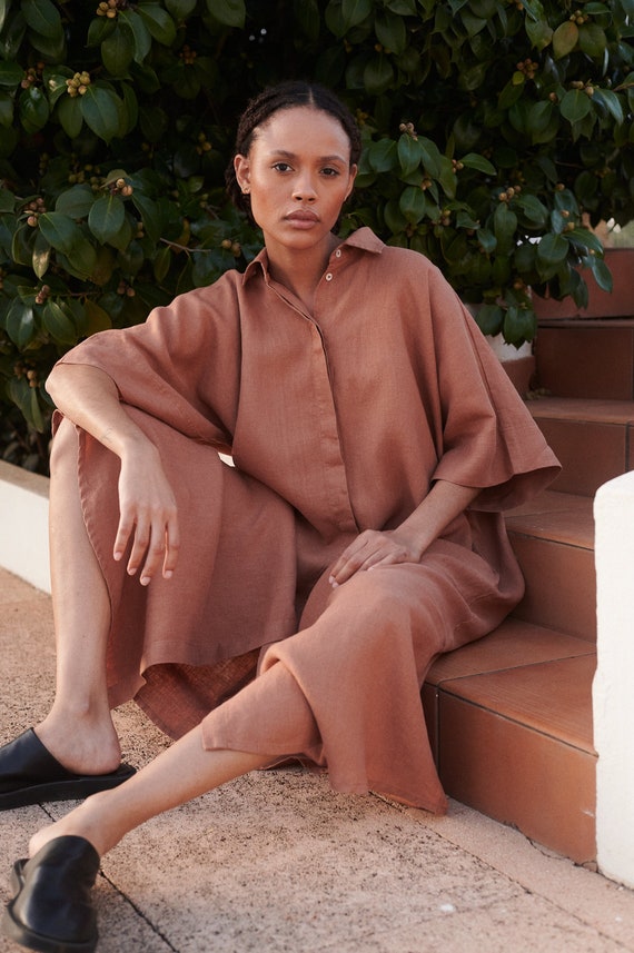 Ready to Ship - Annika Mocha Mousse Linen Dress - Oversized Dress - Maxi Linen Dress - Button Down Dress - Shirt Dress