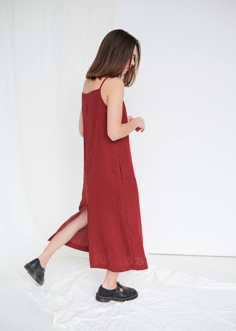 Aurora burgundy red dress Linen dress Long dress with straps Summer dress Soft linen dress Minimal linen dress image 1