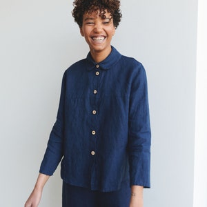 Brandi navy blue shirt Washed linen shirt Linen shirt Round collar shirt Basic linen shirt image 3