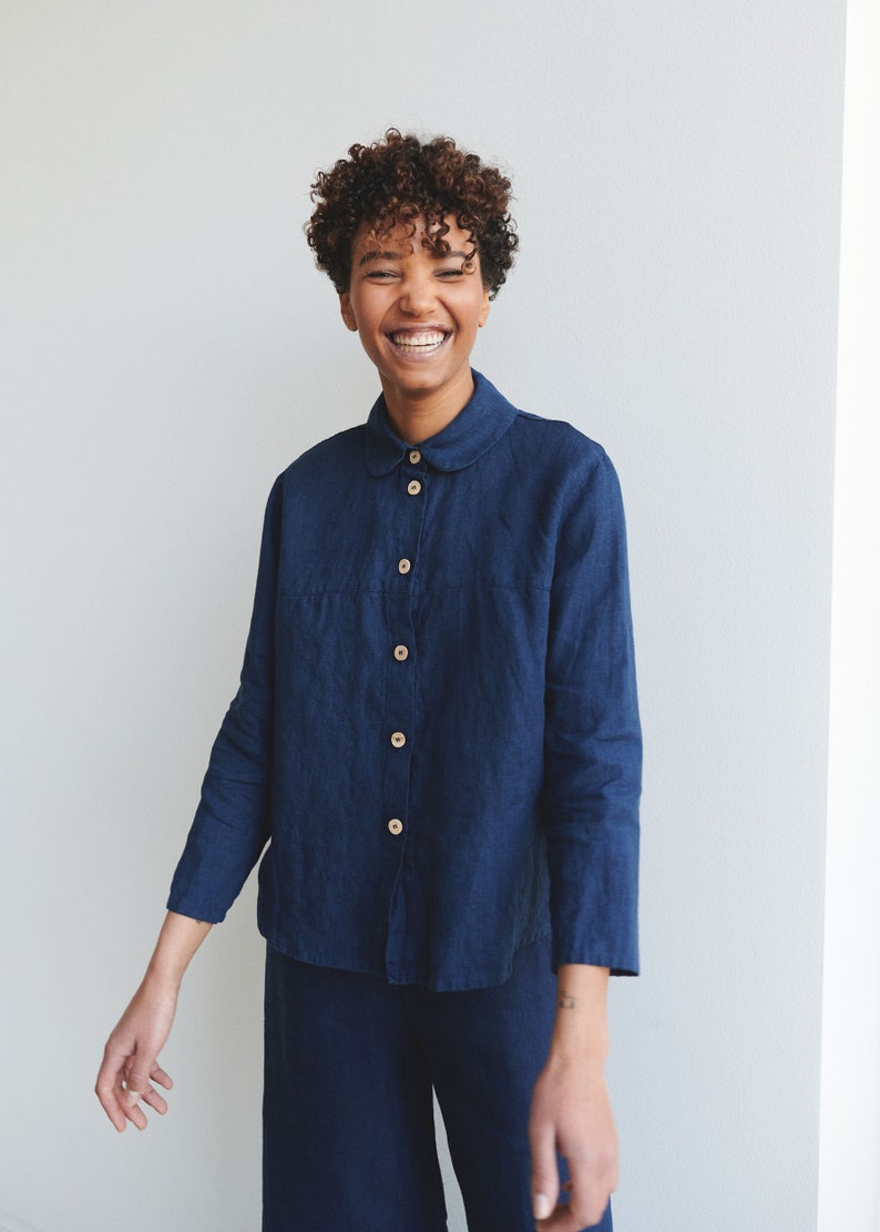 Brandi navy blue shirt Washed linen shirt Linen shirt Round collar shirt Basic linen shirt image 3