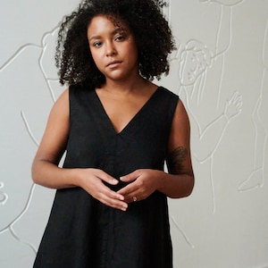 Rue black dress - Deep V neck dress - Maxi linen dress - Long linen dress - Black linen dress