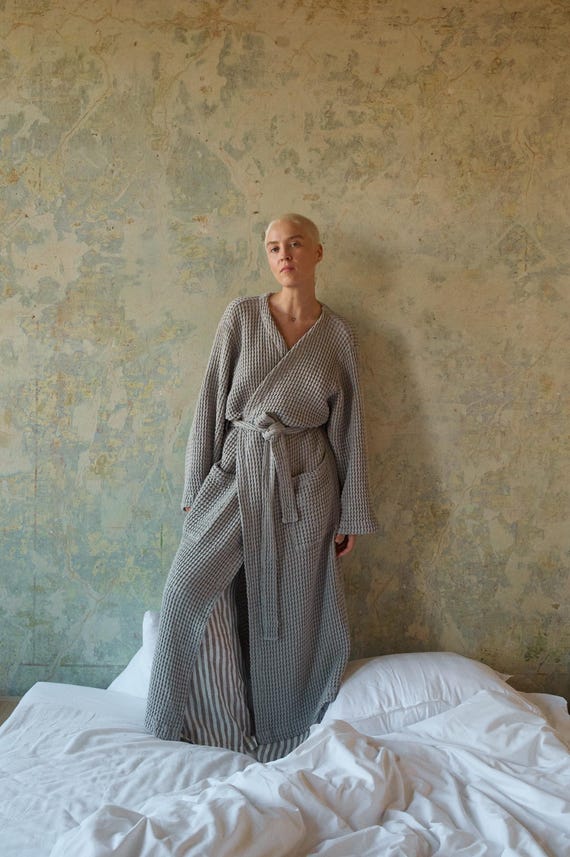 Waffle linen robe - Linen and cotton blend - Taupe waffle linen - Bathrobe - Soft linen robe - Loungewear - Long robe - Homewear - Nightwear
