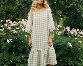 Ready to ship - Vilte natural grey gingham linen dress - Linen dress - Fall linen dress - Long linen dress - Maxi dress - Oversized dress