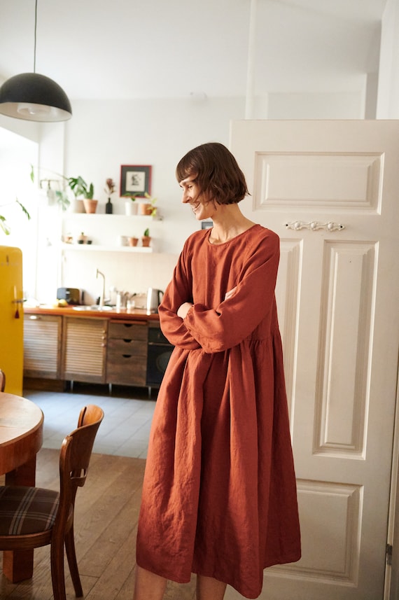 Margo Terracotta Linen Dress Linen Dress Fall Linen Dress Long