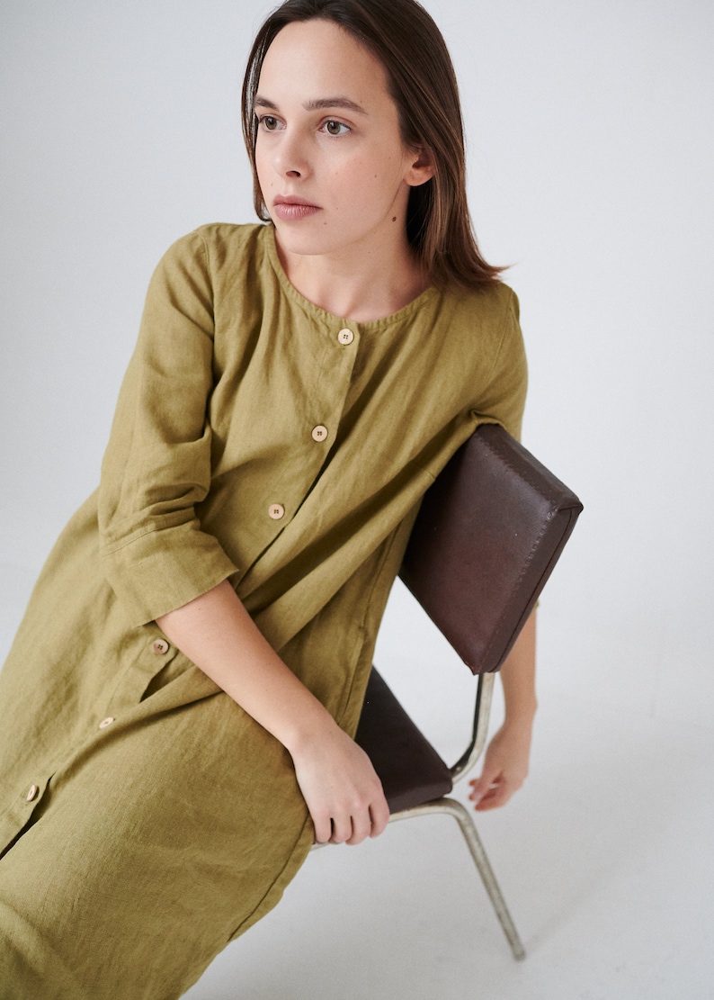 Elena olive dress Button down dress Long linen dress Maxi linen dress Soft linen dress image 3