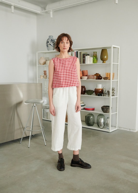 Crop Red Gingham Top - Basic Linen Top - Linen Tank Top - Linen