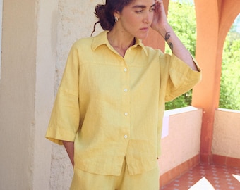 Oversized Butter Linen Shirt - Beka - 3/4 Sleeves - Woman's Shirt - Loose Linen Shirt - White Linen Shirt - Short-sleeved Linen Shirt