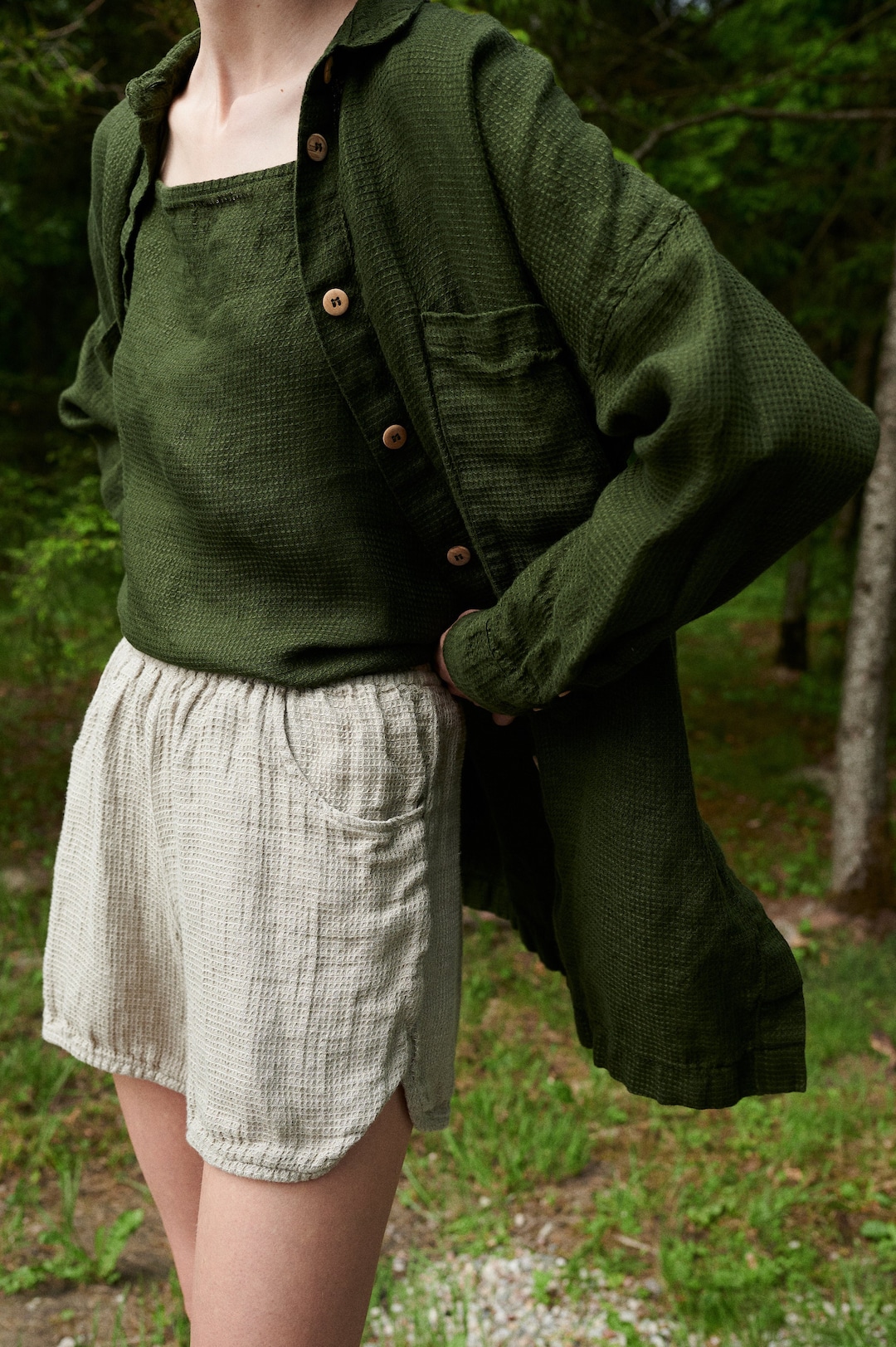 Ready to Ship - Vika Forest Green Waffle Shirt - Oversized Linen