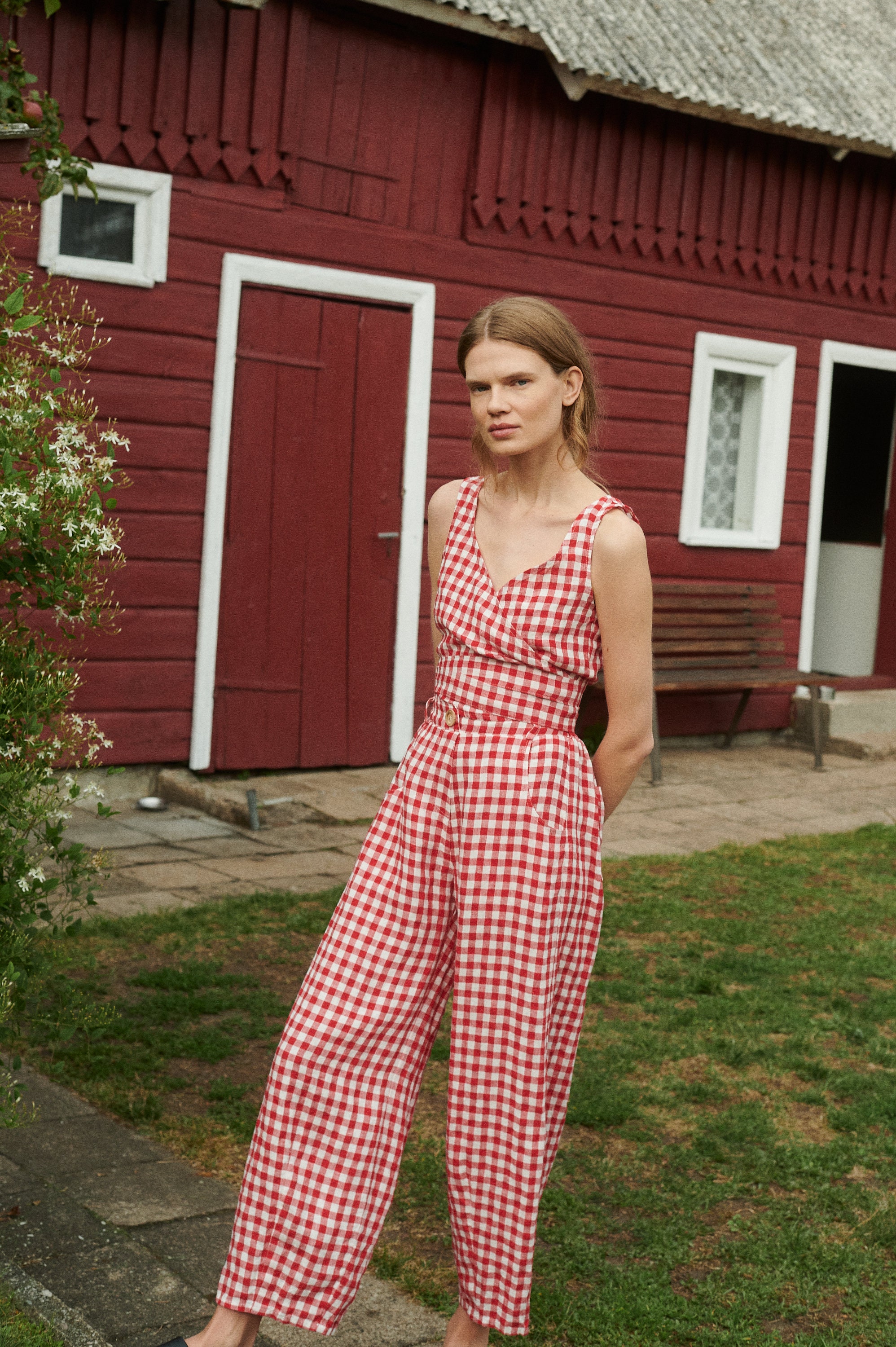 Soja Red Gingham Linen Wrap Top - Wrap Top - Crop Top