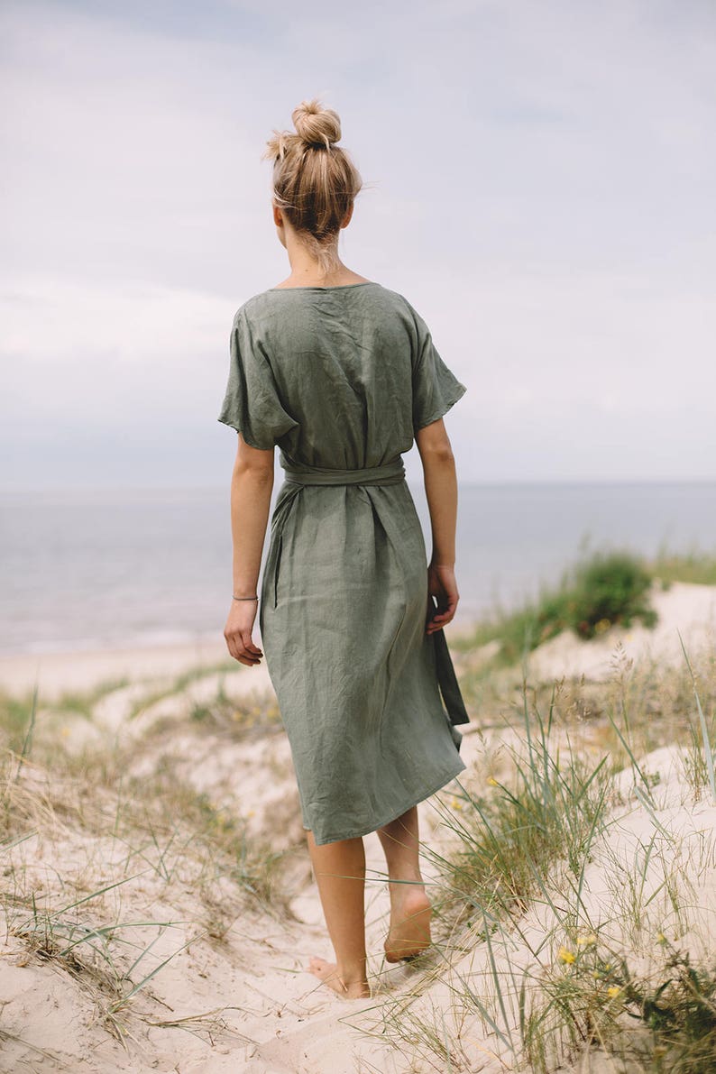 Mimosa pine green dress Maternity dress Wrap linen dress Oversized linen dress Summer dress Linen dress Pine green linen dress image 4