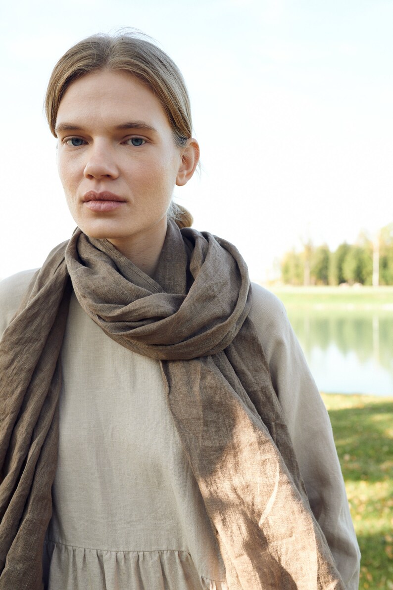 Ready to ship Linen scarf Cacao Linen Scarf Softened linen scarf Long linen scarf Unisex linen scarf Linen scarves image 7