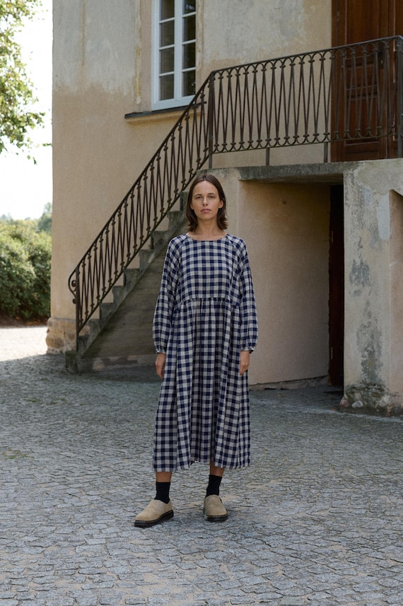 Ready to ship - Margo navy blue gingham linen dress - linen dress - Fall linen dress - Long linen dress - Maxi dress