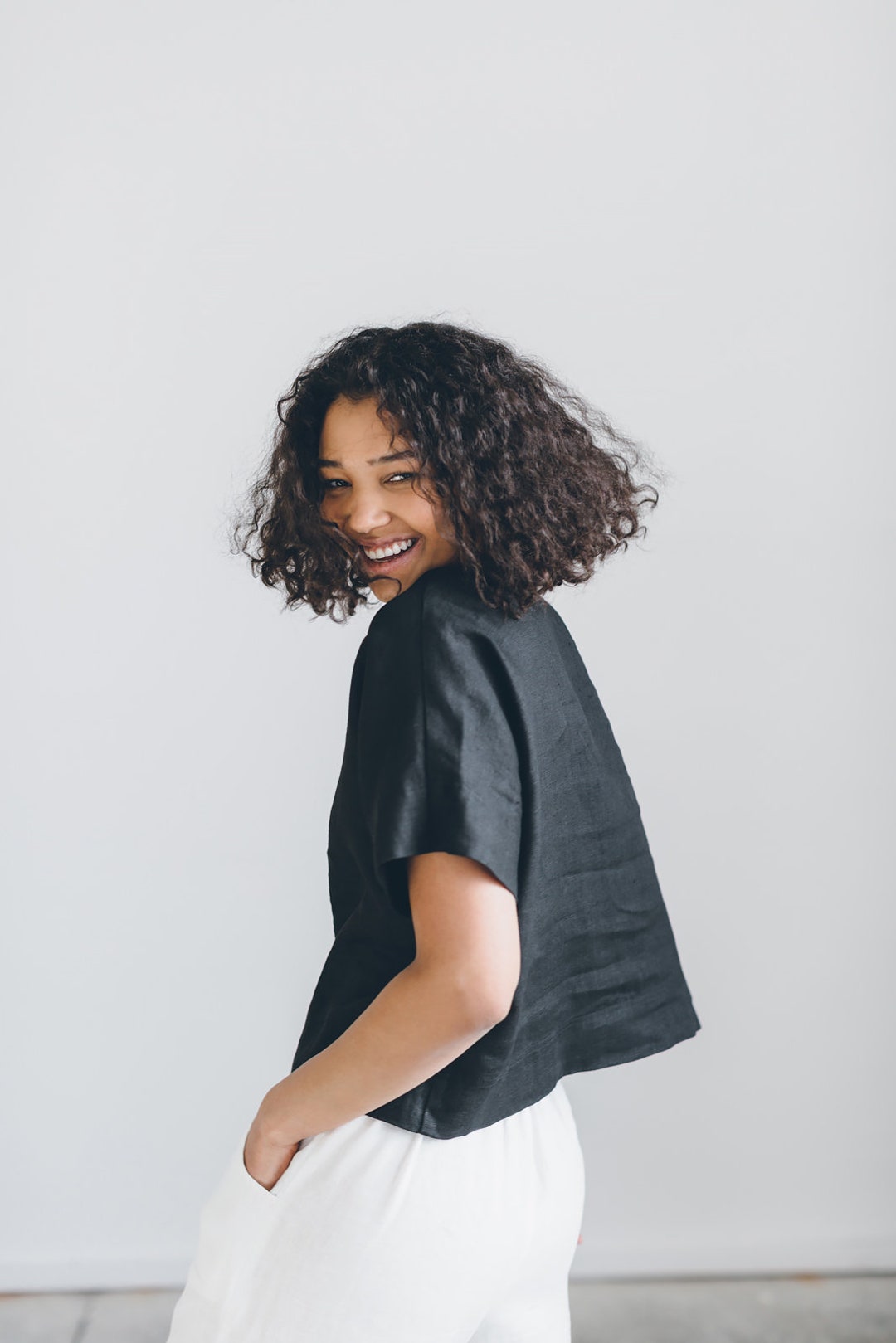 Mona Black Top Linen Top Oversized Linen Top Linen Blouse Basic — free download