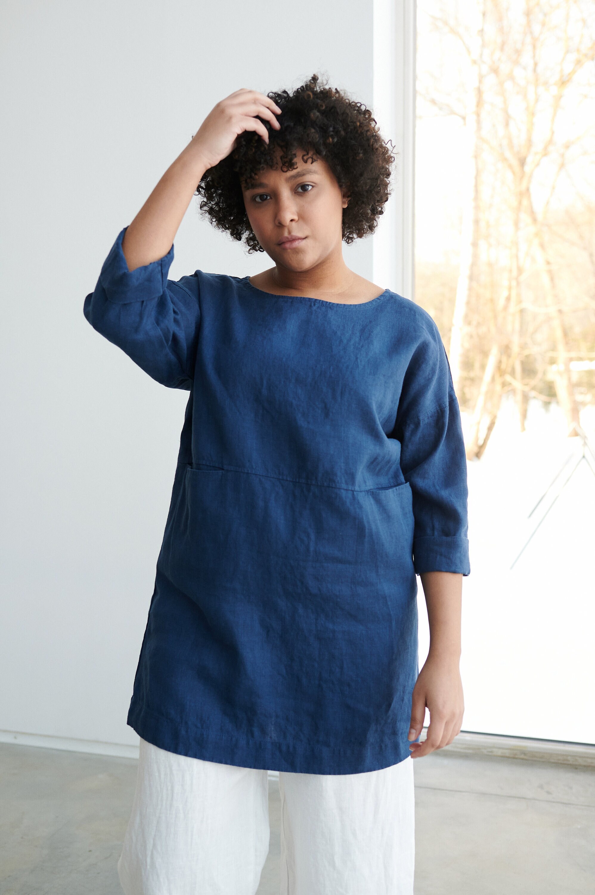 Erica Navy Blue Linen Tunic Oversized 