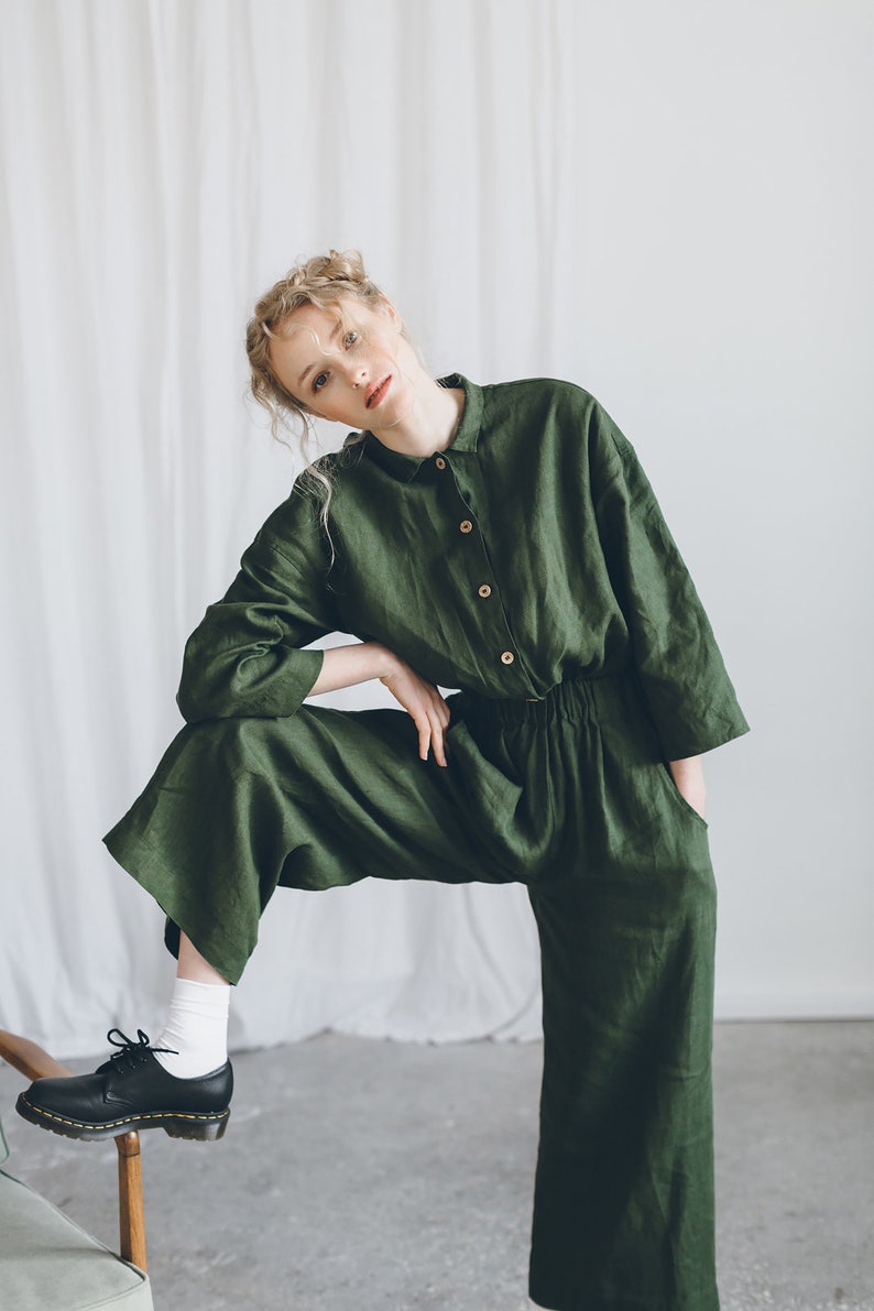 Work Forest Green Jumpsuit Linen Jumpsuit Loose Linen Etsy