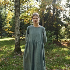 Margo pine green linen dress - Linen dress - Fall linen dress - Long linen dress