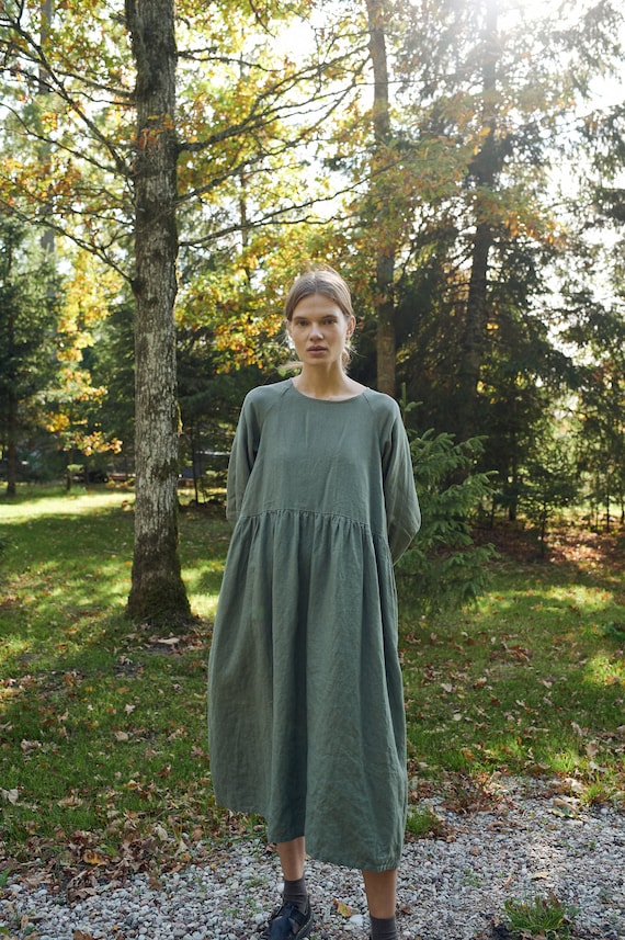 Margo Pine Green Linen Dress - Linen Dress - Fall Linen Dress - Long Linen  Dress - Etsy New Zealand