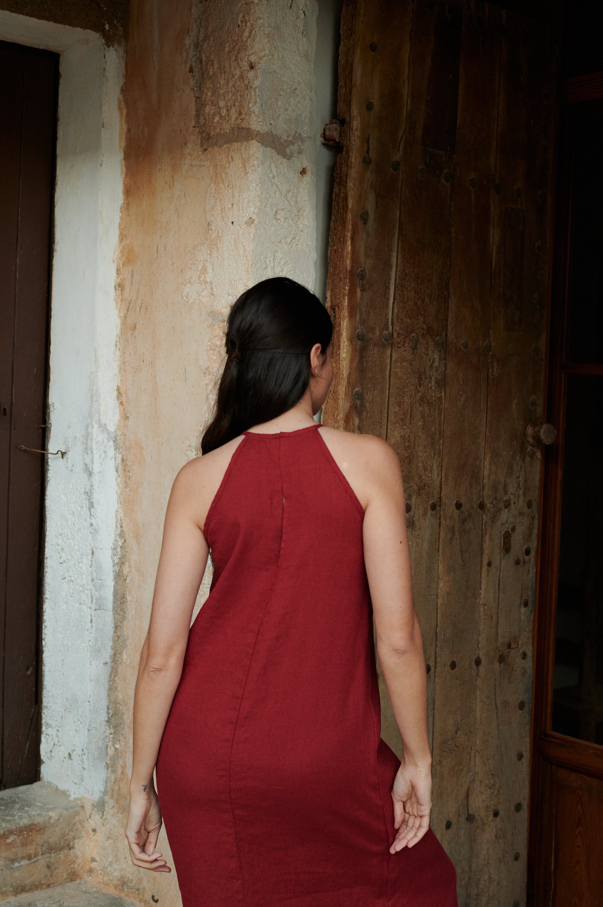 knee length dresses for ladies Tie-Neck Dress in Stretch Linen main image 0