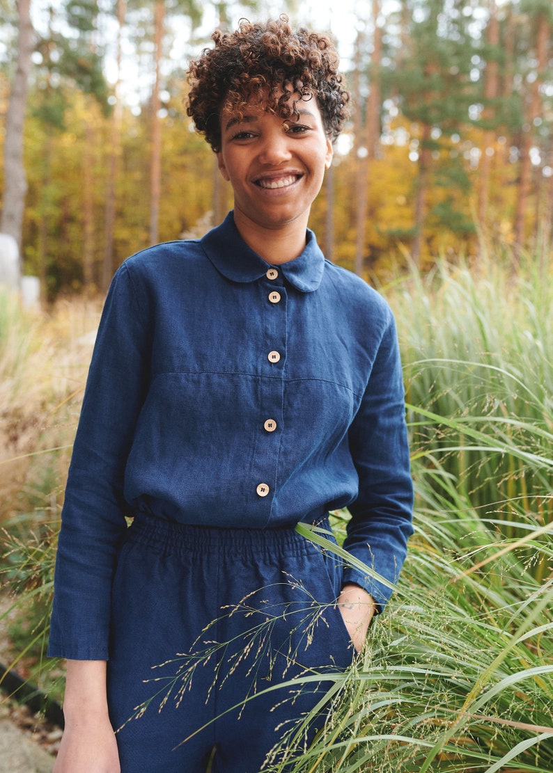 Brandi navy blue shirt Washed linen shirt Linen shirt Round collar shirt Basic linen shirt image 1