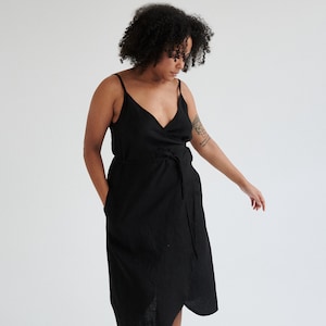 Ruby black dress - Spaghetti strap linen dress- Linen dress - Wrap linen dress