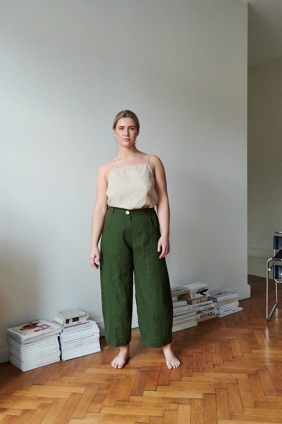 Frankie Forest Green Trousers Barrel Trousers Linen Trousers Loose Linen  Pants Linen Pants 