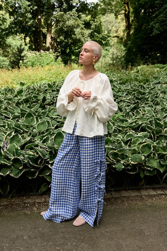 Uma Blue Gingham Linen Trousers - Linen Pants - Straight Cut