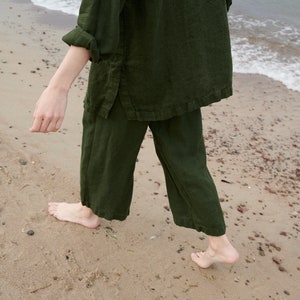 Ready to ship - Ocean forest green waffle trousers - Washed linen trousers - Linen pants - Wide linen trousers