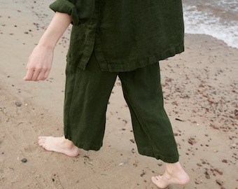 Ocean forest green waffle trousers - Washed linen trousers - Linen pants - Wide linen trousers