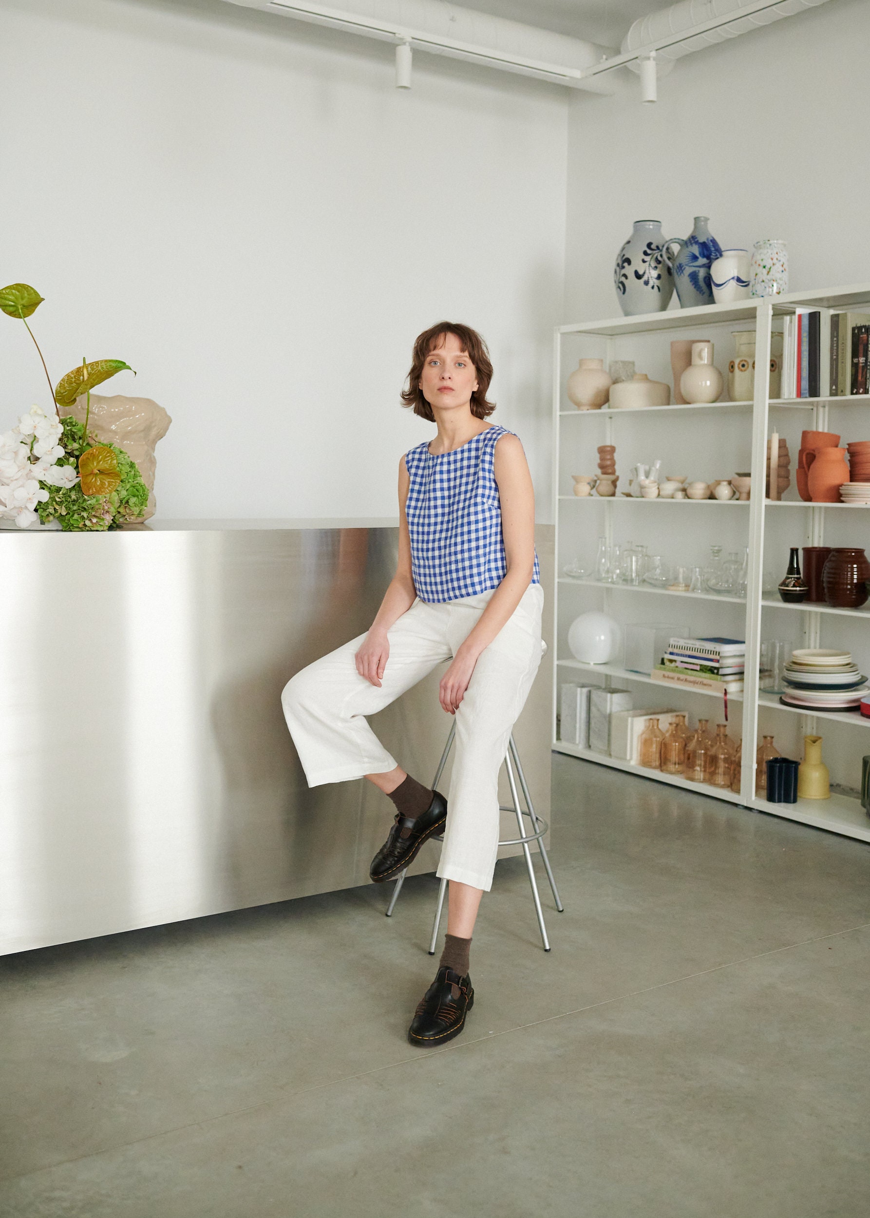 Crop Blue Gingham Top - Basic Linen Top - Linen Tank Top