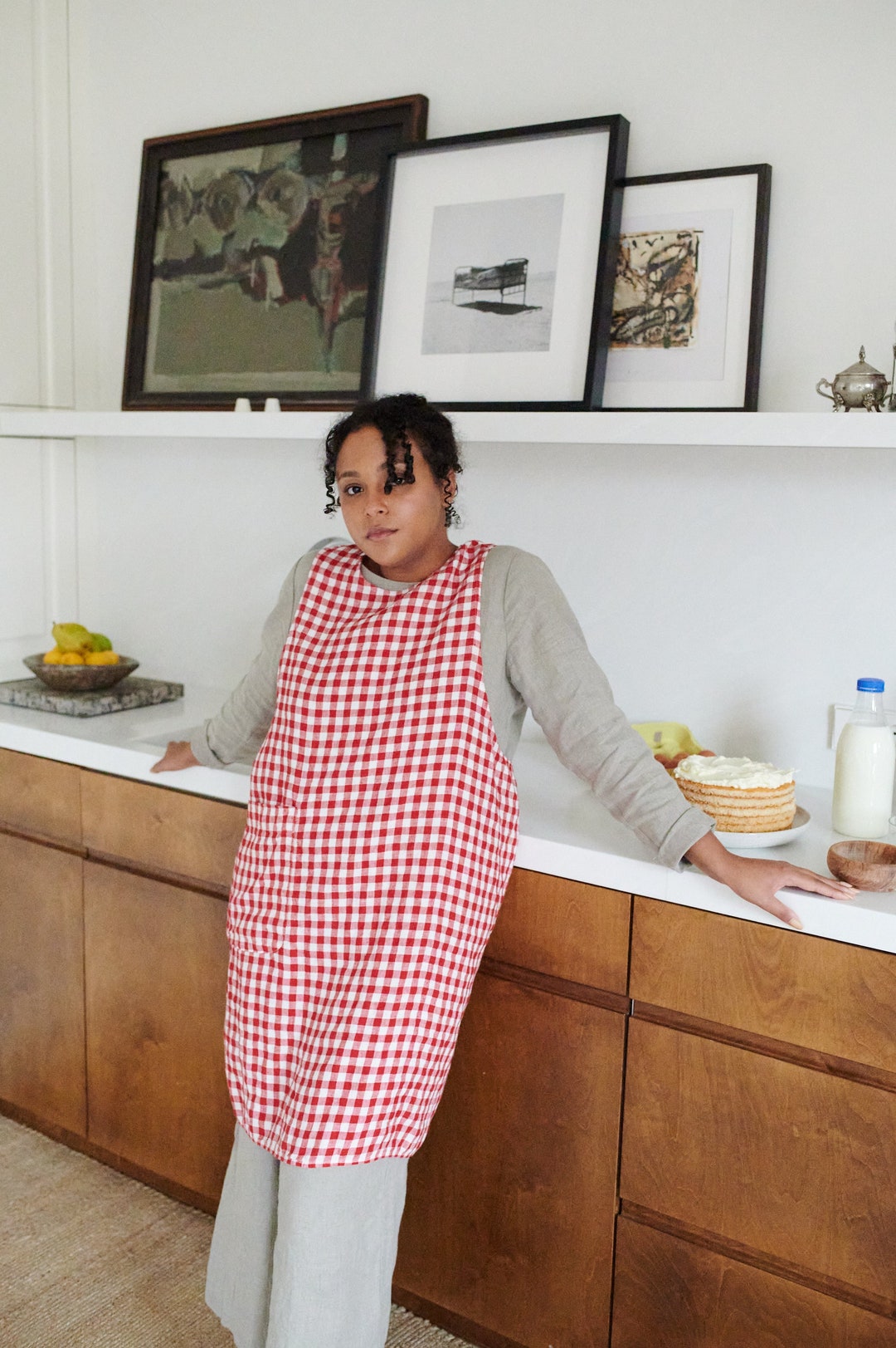 Rita Red Gingham Apron - Pinafore Apron - Gingham Linen