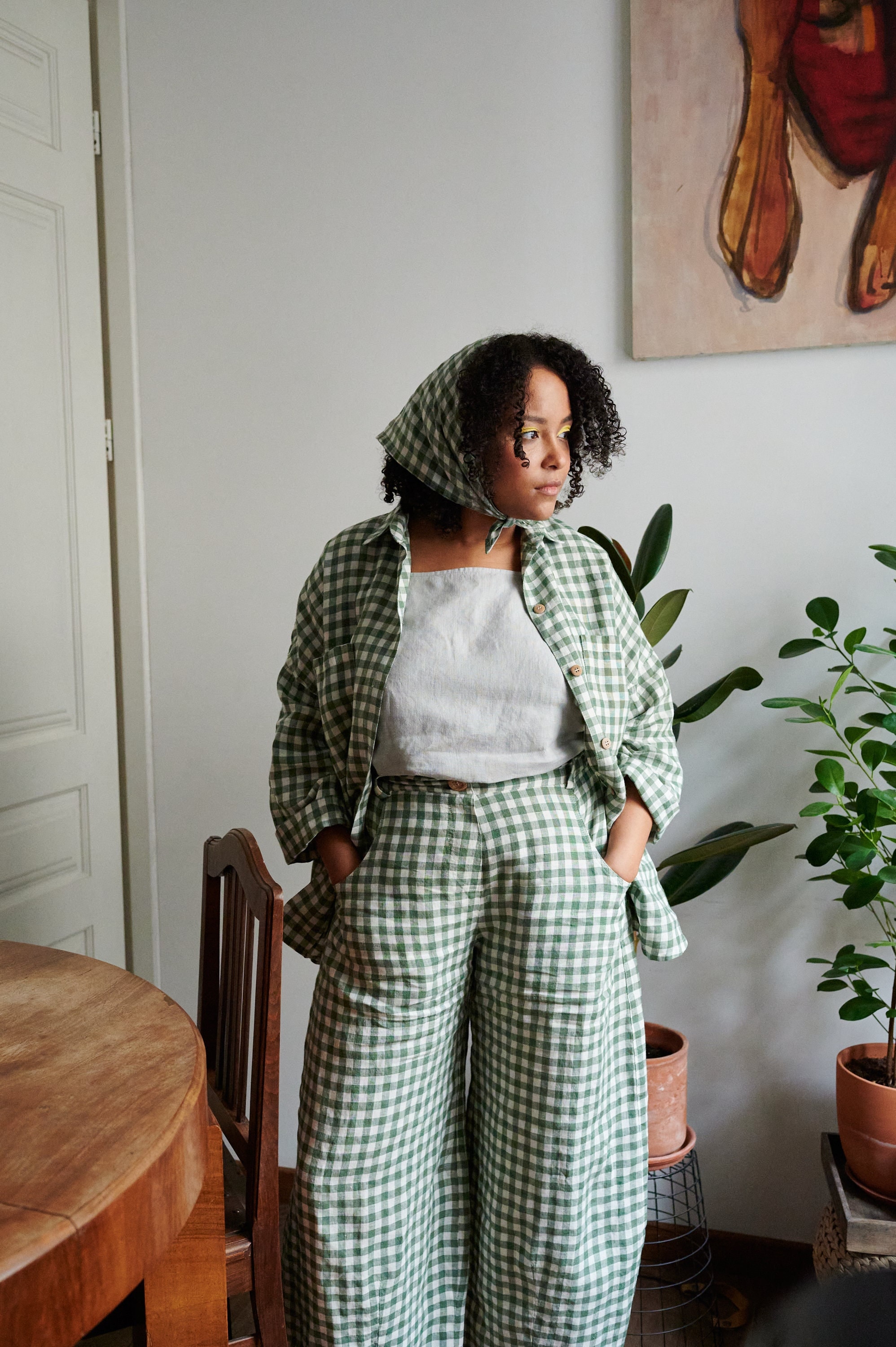 マスオ　　 　COTTON LINEN GINGHAM SHIRT Cotton Linen Gingham Safari Shirt – La Garçonne