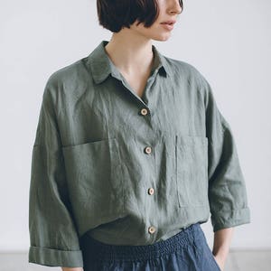 Kay Pine Green Shirt Linen Shirt Drop Shoulder Shirt - Etsy