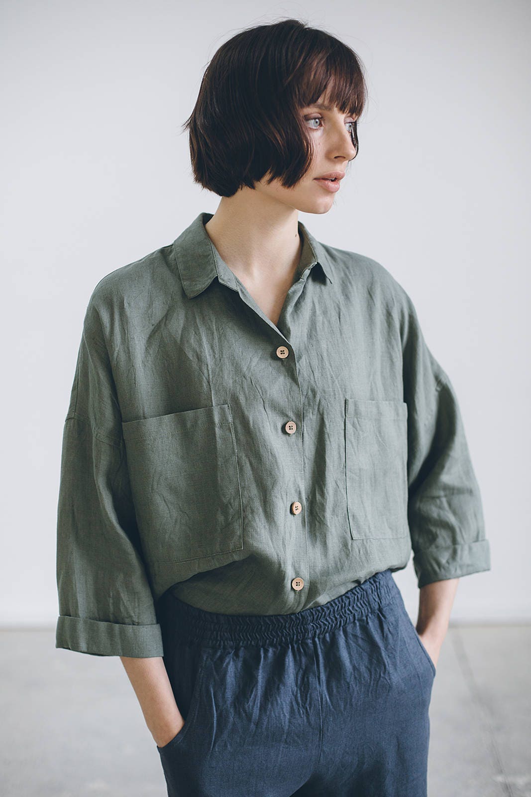 Kay Pine Green Shirt Linen Shirt Drop Shoulder Shirt - Etsy