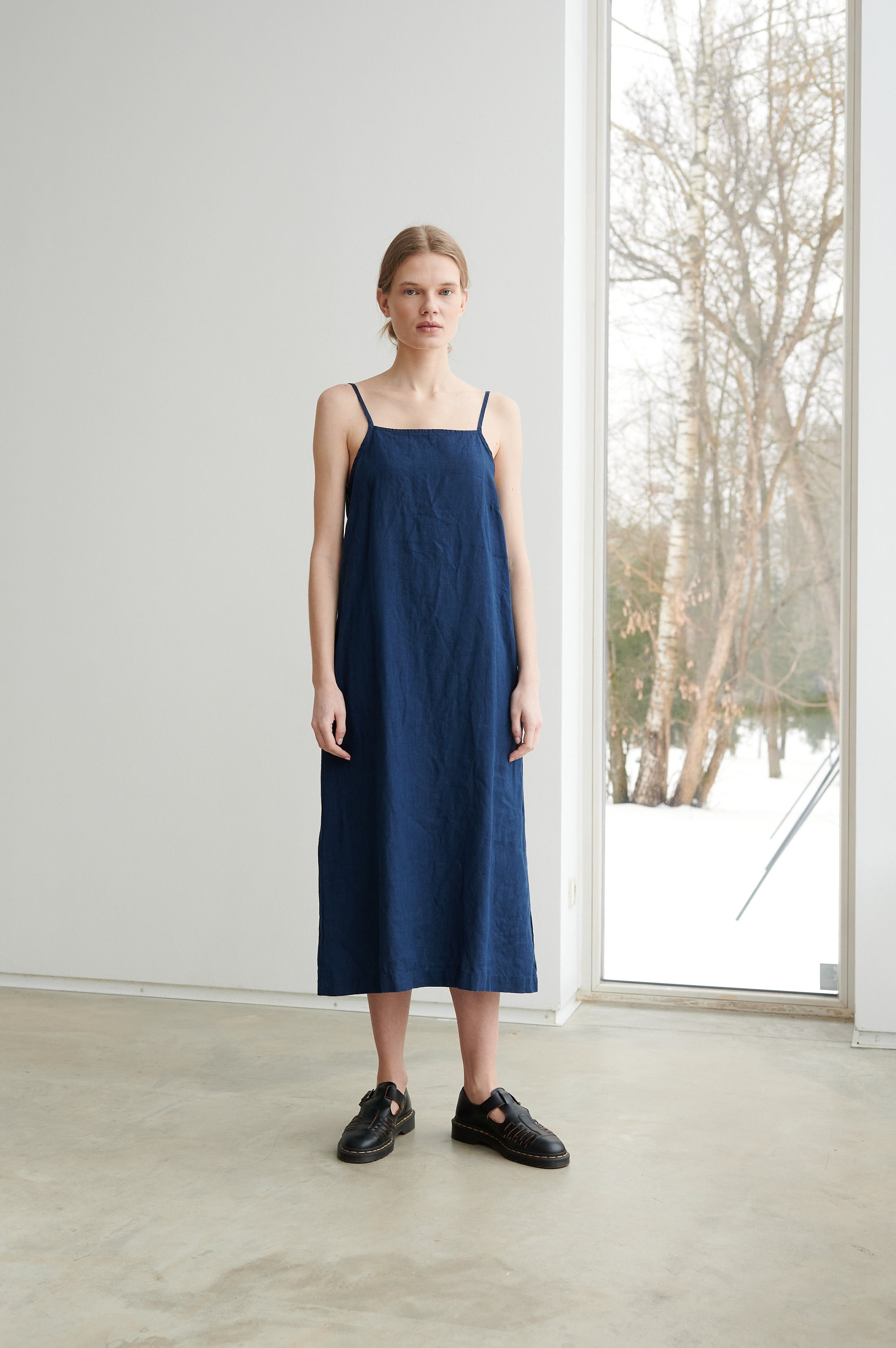 Aurora Navy Blue Dress - Linen Dress - Long Dress with Straps - Summer Dress - Soft Linen Dress - Minimal Linen Dress