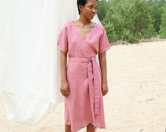 Ready to Ship - Mimosa watermelon dress - Loose wrap linen dress - Maternity linen dress - Linen dress - Wrap dress