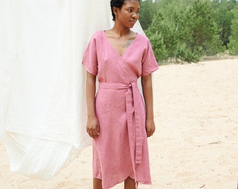 Mimosa watermelon dress - Loose wrap linen dress - Maternity linen dress - Linen dress - Wrap dress