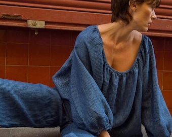 Oversized Striped Blue Linen Blouse - Matilda - Relaxed Fit Tunic Top - Long Sleeved Top - Stripes Linen Top -Woman's Oversized Summer Top