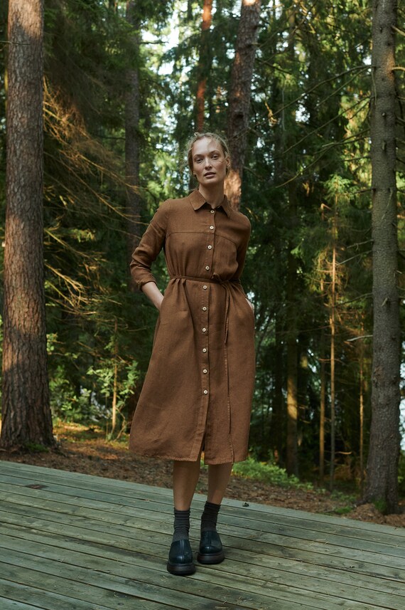Ready to Ship - Astrid Brown Linen Wool Blend Dress - Wool Linen Dress - Linen Dress - Shirt Linen Dress - Winter Dress