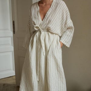 Peignoir long en lin - Lin à rayures gris naturel - Peignoir - Peignoir à rayures - Peignoir en lin