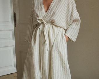 Langer Leinenmantel - Naturgrau gestreifter Leinen - Bademantel - Gestreifter Kimono - Leinenmantel