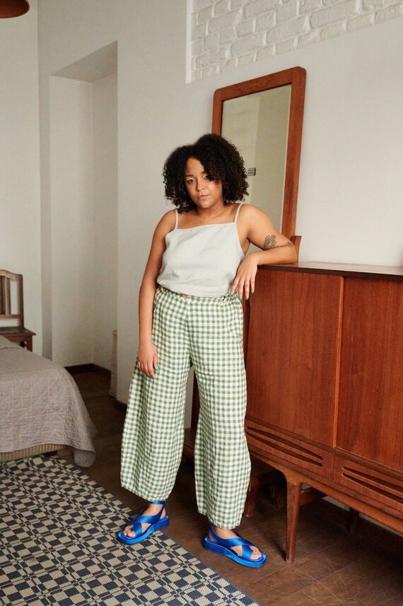 Frankie Green Gingham Trousers Linen Pants Linen Trousers - Etsy UK